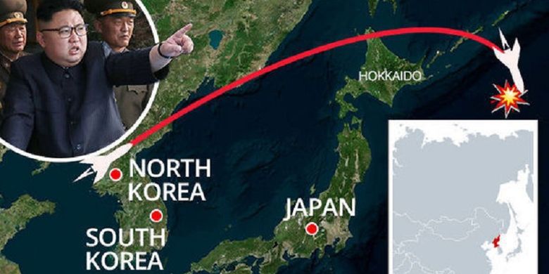 Lintasan jelajah rudal Korea Utara yang melewati Hokkaido, Jepang, Selasa (29/8/2017) pagi