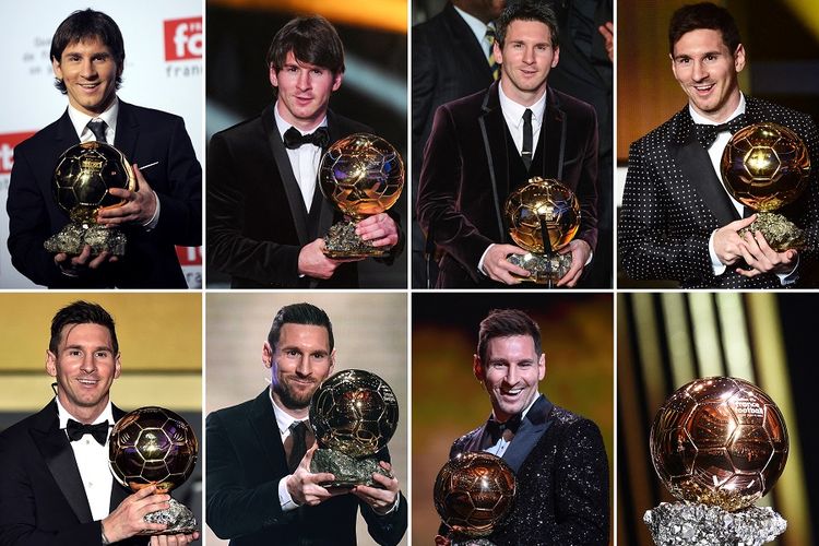 Kombinasi file foto yang dibuat pada 29 November 2021, menunjukkan reaksi penyerang Lionel Messi, saat menerima penghargaan sepak bola Ballon d'Or. Lionel Messi baru saja memenangi penghargaan Ballon d'Or untuk ketujuh kalinya dalam sebuah upacara di Paris pada 29 November 2021.