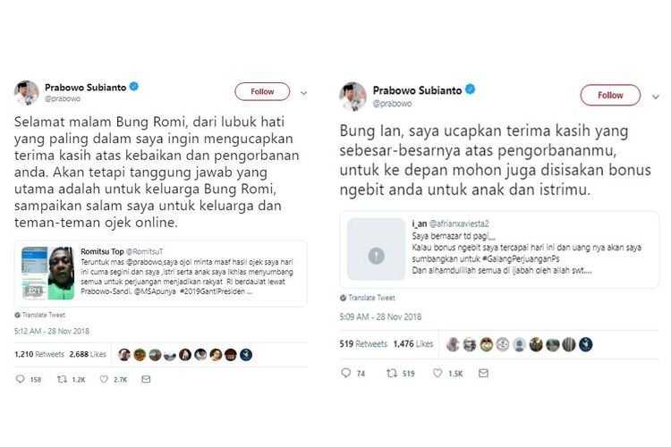Twit Prabowo Subianto membalas para ojek online yang memberikan sumbangan