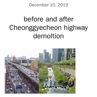 Perubahan kawasan Cheonggyecheon, Seoul, Korea Selatan. Kawasan yang tadinya hanya jadi kolong flyover kini berubah jadi ruang terbuka publik setelah adanya pembongkaran jalan tol.