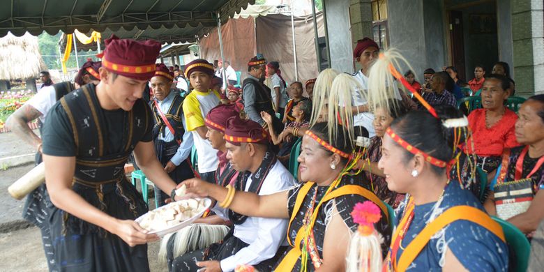 Wisatawan Nusantara sedang melayani warga lokal dengan makanan Uwi saat Pesta Reba Ngada di Kampung Langa, Kecamatan Bajawa, Kabupaten Ngada, Flores, NTT, Selasa (15/1/2019). 