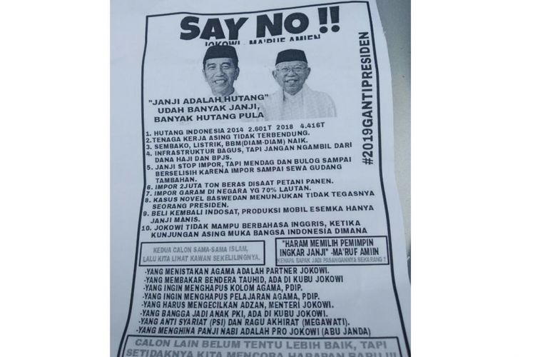 Selebaran Say No!! Jokowi-Maruf yang diduga bentuk kampanye hitam oleh TKN Jokowi-Maruf.  