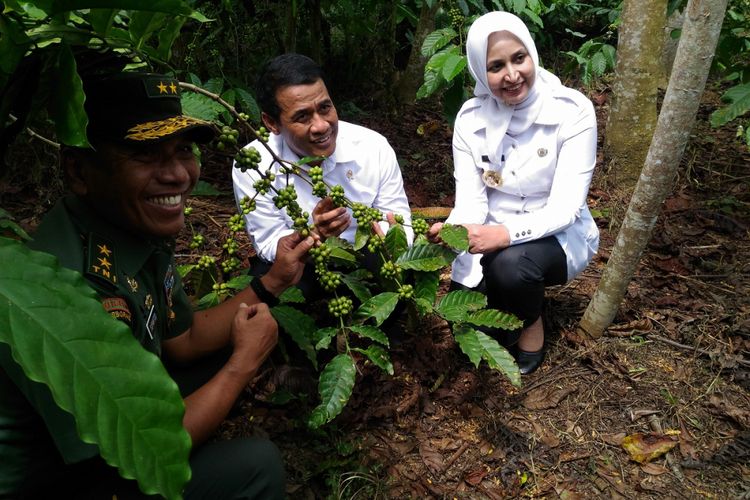 Menteri Pertanian Andi Amran Sulaiman (tengah), Asisten Teritorial Kepala Staf Angkatan Darat Mayjen TNI Supartogi, dan Bupati Jember Faida meninjau kebun kopi masyarakat di Kabupaten Jember, Rabu (23/5/2018).