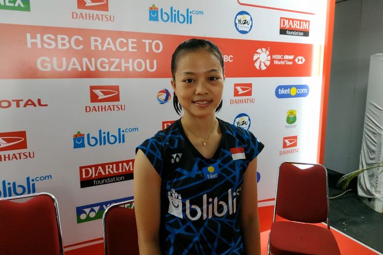 Pebulu tangkis tunggal putri Indonesia, Fitriani, usai menjalani pertandingan babak pertama Indonesia Masters 2019, di Istora Senayan, Jakarta, Rabu (23/1/2019).