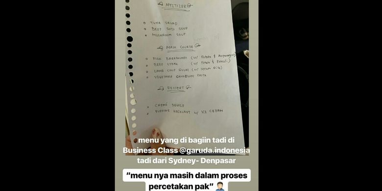 Unggahan akun instagram @rius.vernandes mengenai kartu menu kelas bisnis maskapai Garuda Indonesia yang disebut hanya ditulis tangan. Screenshot diambil pada Minggu (14/7/2019).