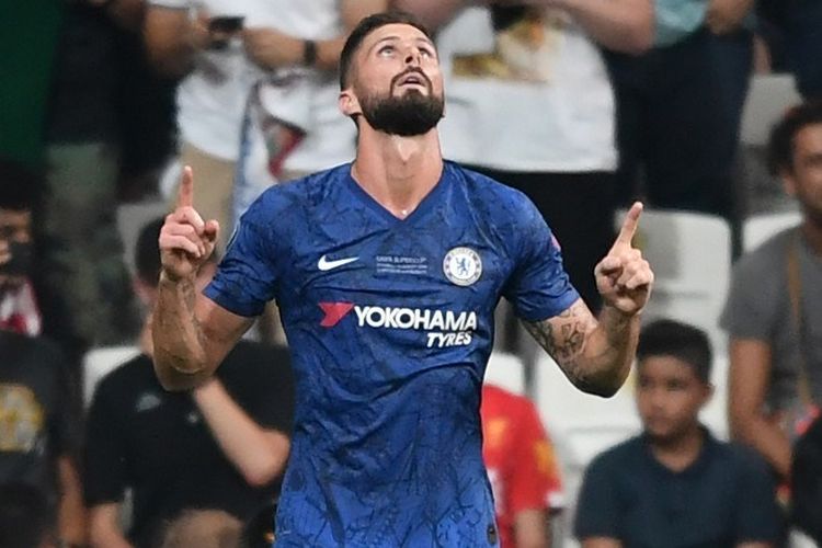 Olivier Giroud merayakan golnya pada pertandingan Liverpool vs Chelsea dalam Piala Super Eropa 2019 di Vodafone Park, kandang Besiktas, Istanbul, 14 Agustus 2019. 