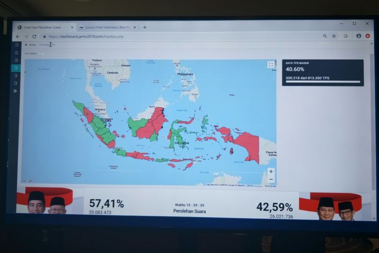Perkembangan hasil sementara rekapitulasi suara yang dilakukan TKN Jokowi-Maruf di war room mereka di Hotel Gran Melia, Jalan Rasuna Said, Jumat (26/4/2019). 