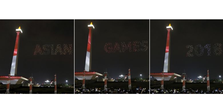 Atraksi 300 drone menyemarakkan acara setahun hitung mundur (countdown) Asian Games 2018 di Monumen Nasional (Monas), Jakarta, Jumat (18/8/2017). Ribuan penonton antusias menyaksikan acara yang dibuka oleh Presiden Republik Indonesia, Joko Widodo