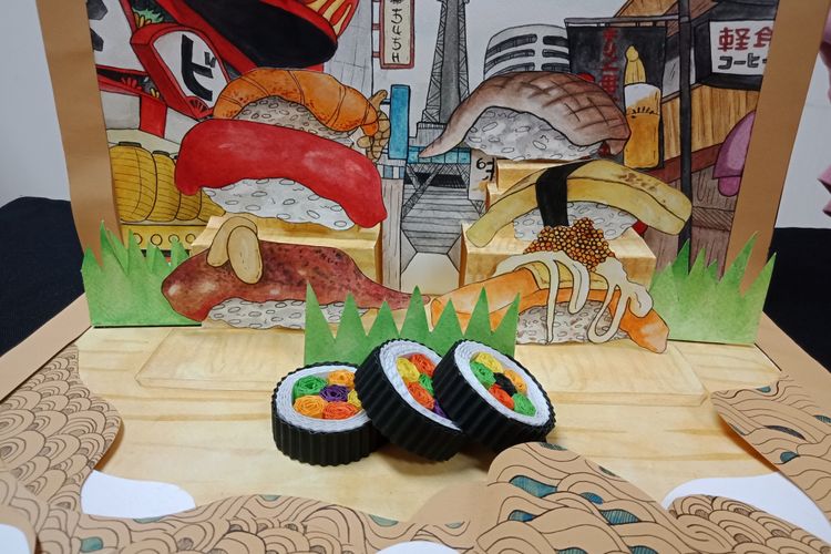 Salah satu karya pada Pemeran Ilustrasi Makanan Jepang bertajuk Ceritamakan dalam rangkaian Japanese Cultural Week 2018 di Japan Foundation, Jakarta, Senin (19/2/2018).