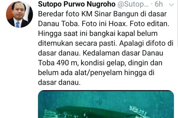 Foto bangkai KM Sinar Bangun di dasar Danau Toba yang ternyata bohong, Selasa (26/6/2018) 
