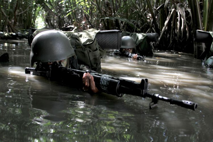 Sejumlah Prajurit Infanteri TNI AD Yonif 725 Woroagi melakukan pengintaian di kawasan rawa-rawa menuju perkampungan warga  saat latihan penyergapan teroris di Kecamatan Kapoialaa, Konawe, Sulawesi Tenggara, Jumat (3/11/2017). Selain mengasah kemampuan prajurit untuk pengamanan  pesisir pantai di perbatasan, latihan tersebut bertujuan untuk mengantisipasi masuknya teroris melalui jalur laut ke daerah itu.