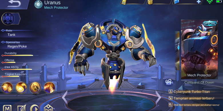 Salah satu hadiah dari fitur baru Mobile Legends: Bang Bang, Conquest of Dawn, yaitu skin terbatas Uranus-Mech Protector.