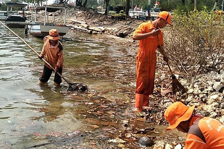 Petugas membersihkan sampah yang memgotori pantai di Pulau Pari, Kepulauan Seribu, Rabu (28/11/2018).