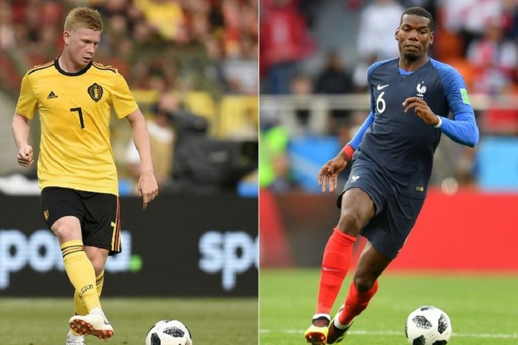 Duel Paul Pogba (kanan) vs Kevin De Bruyne di lini takkan terhindarkan dalam pertandingan Perancis vs Belhia pada semifinal Piala Dunia 2018, 10 Juli 2018. 