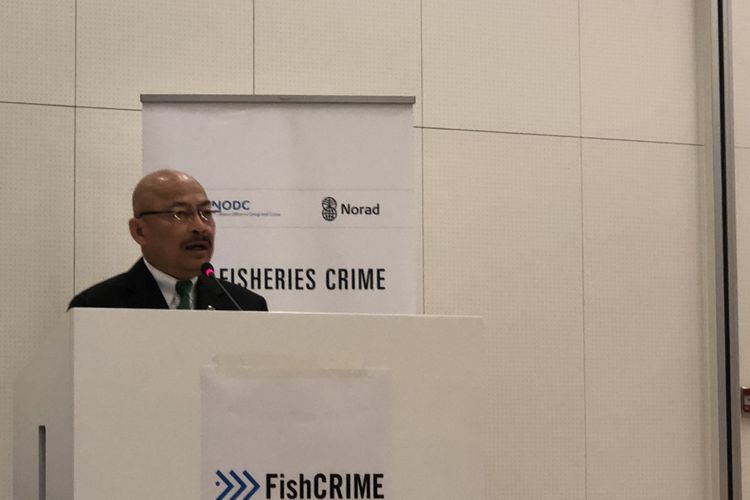 Penasihat Menteri Kelautan dan Perikanan Mas Achmad Santosa di 4th International Symphosium of Fisheries Crime di Copenhagen, Senin (15/10/2018).