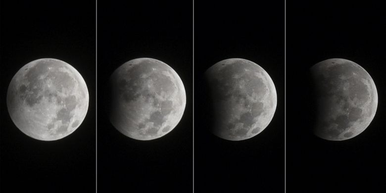 Foto kolase proses gerhana bulan parsial terlihat di kawasan Tugu Pahlawan, Surabaya, Jawa Timur, Selasa (8/8/2017). Fase gerhana bulan parsial berlangsung selama 1 jam 56,6 menit, dari pukul 00.22 WIB hingga 2.18 WIB.