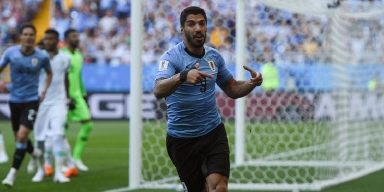 Luis Suarez merayakan golnya pada laga Uruguay vs Arab Saudi di Rostov Arena, 19 Juni 2018. 