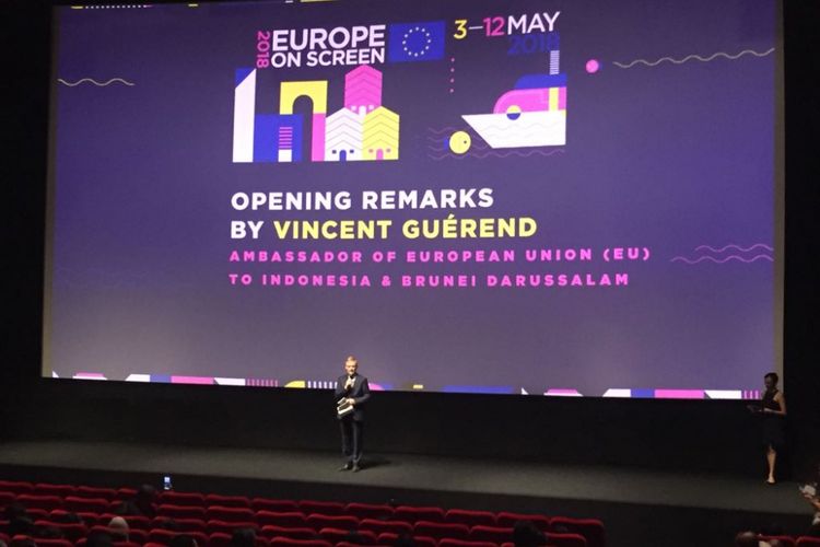 Duta Besar Uni Eropa untuk Indonesia, Vincent Guerend, memberikan kata sambutannya dalam pembukaan Europe on Screen (EoS) di XXI Epicentrum, Kuningan, Jakarta Selatan, Kamis (3/5/2018) malam.