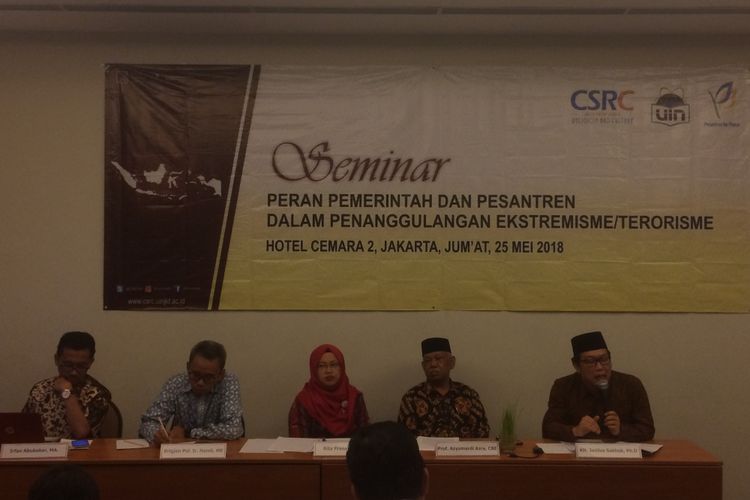 Seminar dengan judul Peran pemerintah dan pesantren Dalam Penanggulangan Ekstremisme/Terorisme di Hotel Cemara, Jakarta, Jumat (25/5/2018). 