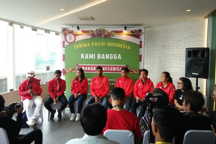 Atlet Indonesia saat berada di acara bertajuk Konferensi Pers Pemberian Apresiasi #AnakBangsaBisa di GO-CAFE, Blok M, Jakarta pada Kamis (6/9/2018).