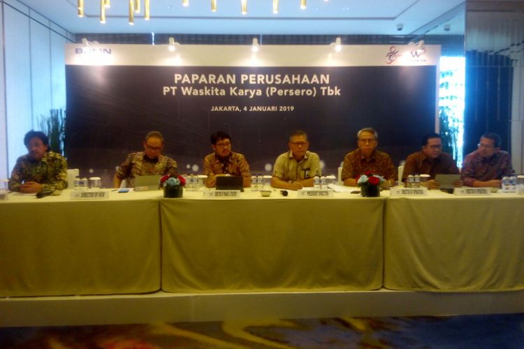 Manajemen PT Waskita Karya (Pesero) Tbk (WSKT) menyampaikan paparan kinerja selama 2018 di Hotel Raffles, Jakarta, Jumat (4/1/2019).