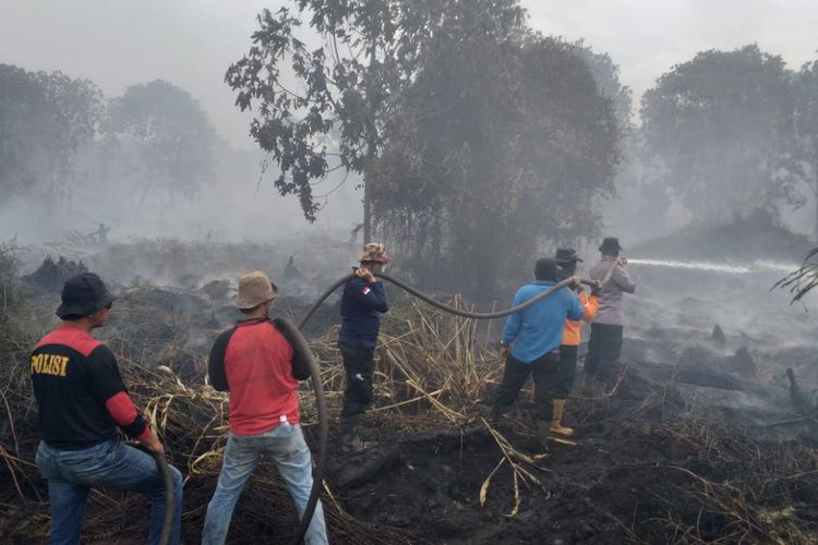 Petugas gabungan memadamkan api kebakaran lahan gambut di lahan PT Sumber Sawit Sejahtera (SSS) di Desa Kuala Panduk, Kecamatan Teluk Meranti, Kabupaten Pelalawan, Riau, Minggu (10/3/2019).