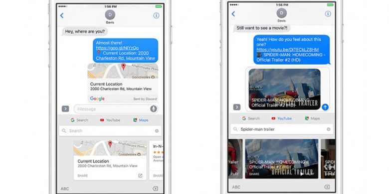 Fitur YouTube (kanan) dan Maps di aplikasi keyboard Google Gboard iOS.