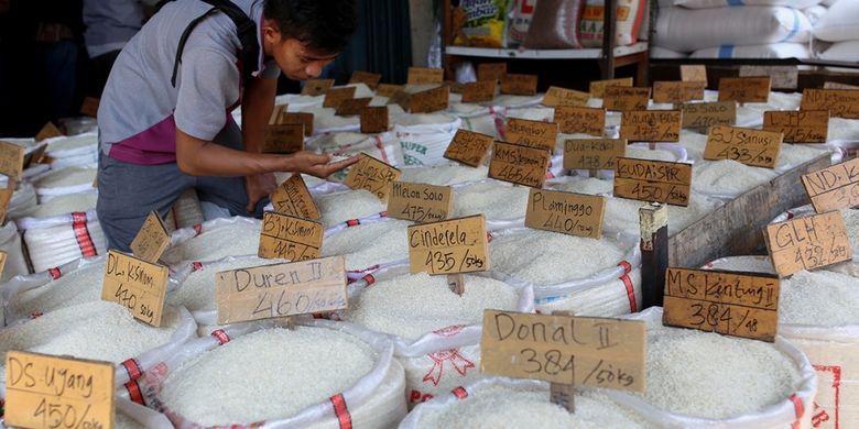 Pembeli memilih berbagai jenis beras yang dijual di Pasar Induk Beras Cipinang, Jakarta Timur, Rabu (26/7/2017). Penetapan Harga Eceran Tertinggi (HET) untuk komoditas beras memberikan pengaruh yang besar kepada para petani dan pedagang sehingga menyebabkan pasokan beras ke pasar induk anjlok.