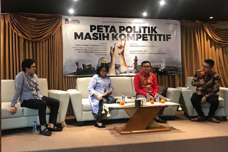 Suasana Konferensi Pers hasil survei Voxpol Center Research and Consulting di bilangan Cikini, Menteng, Jakarta Pusat, Selasa (9/4/2019).