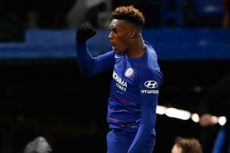 Callum Hudson-Odoi merayakan golnya pada pertandingan Chelsea vs Sheffield Wednesday dalam babak ke-4 Piala FA di Stadion Stamford Bridge, 27 Januari 2019. 