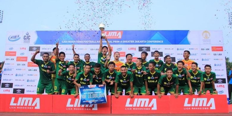 Universitas Negeri Jakarta (UNJ) menabalkan diri sebagai tim terkuat di region Jakarta Raya dalam perhelatan LIMA Football: Air Mineral Prim-A Greater Jakarta Conference (GJC) 2018. 