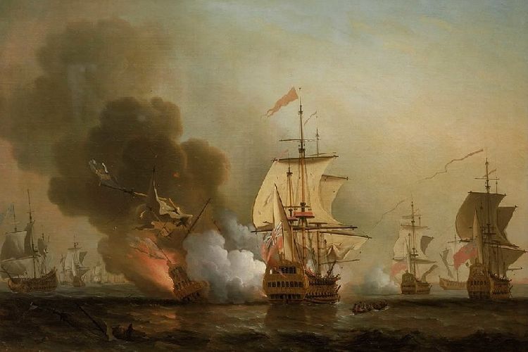 Dalam lukisan Samuel Scott (1702-1778) ini menggambarkan tenggelamnya kapal Spanyol, San Jose di tangan armada Inggris pada 28 Mei 1708 di Cartagena, Kolombia. 