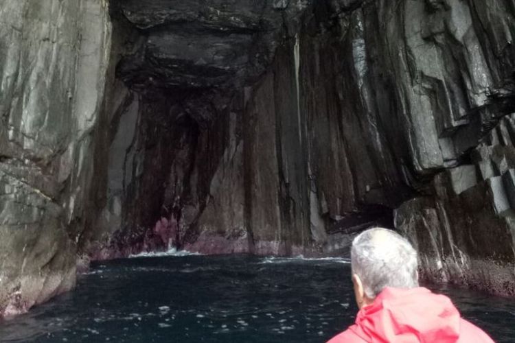 Seorang wisatawan yang duduk di barisan depan tengah menikmati salah satu gua purba yang berada di tebing-tebing pantai Pulau Tasmania.