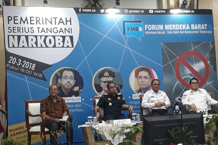 Acara diskusi Forum Merdeka Barat 9, bertema Pemerintah Serius Tangani Narkoba di Gedung Serbaguna Kementerian Kominfo, Jalan Medan Merdeka Barat, Jakarta, Selasa (20/3/2018).