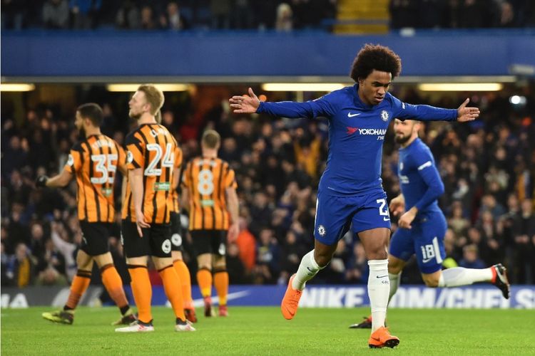 Wilian merayakan gol Chelsea ke gawang Hull CIty pada babak kelima Piala FA di Stadion Stamford Bridge, Jumat (16/2/2018).