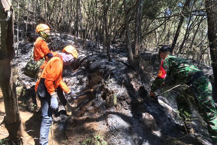 Tim gabungan berusaha memadamkan api di Gunung Panderman, Kota Batu, Jawa Timur.