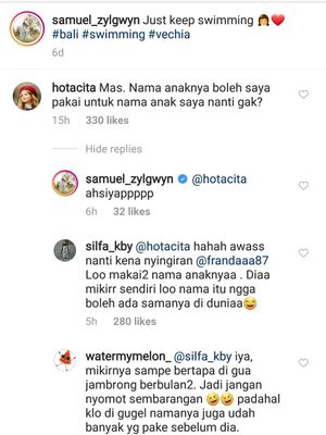 Samuel Zylgwyn menjawab komentar netizen soal nama anaknya di Instagram.