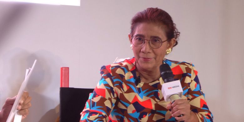 Menteri Kelautan dan Perikanan Susi Pudjiastuti saat menghadiri Beautyfest Asia 2018 di Ciputra Artpreneur, Kuningan, Jakarta Selatan, Jumat (16/3/2018).