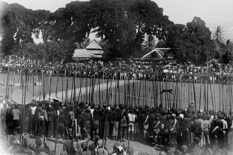 Rampogan Macan di Alun Alun Kediri diduga antara tahun 1890 hingga 1925. Terlihat harimau Jawa berlari di tengah alun-alun yang dikelilingi pria bersenjatakan tombak.       