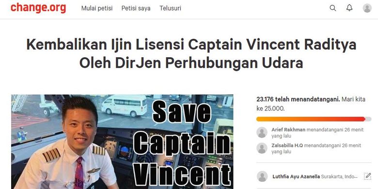 Petisi untuk Capt. Vincent di platform Change.org