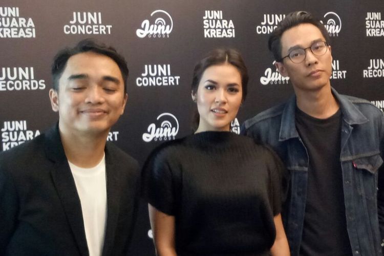 Dipha Barus, Raisa dan Marco Barasuara saat jumpa pers Juni Recordsday di kawasan Bangka, Jakarta Selatan, Kamis (22/2/2018).