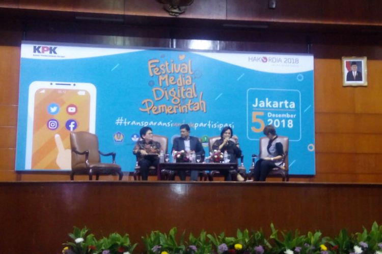 Menteri Keuangan (Menkeu) Sri Mulyani (kedua kanan) menjadi pembicara dalam Festival Media Digital Pemerintah dalam peringatam Hari Antikorupsi Sedunia 2018 di Auditorum Hotel Bidakara, Jakarta Selatan, Rabu (5/12/2018).