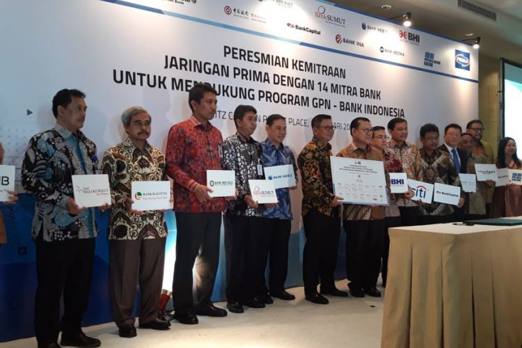 PT Rintis Sejahtera dan 14 Mitra Bank baru dalam peresmian kemitraam Jaringan PRIMA ATM dan PRIMA Debit di Jakarta, Selasa (15/1/2019).
