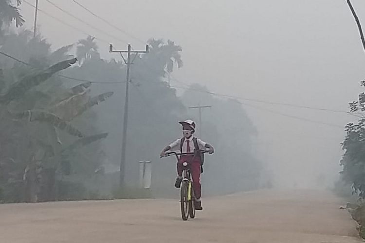 Seorang murid sekolah dasar mengayuh sepeda ditengah kabut asap karhutla di Kelurahan Terkul, Kecamatan Rupat, Kabupaten Bengkalis, Riau, Senin (25/2/2019).