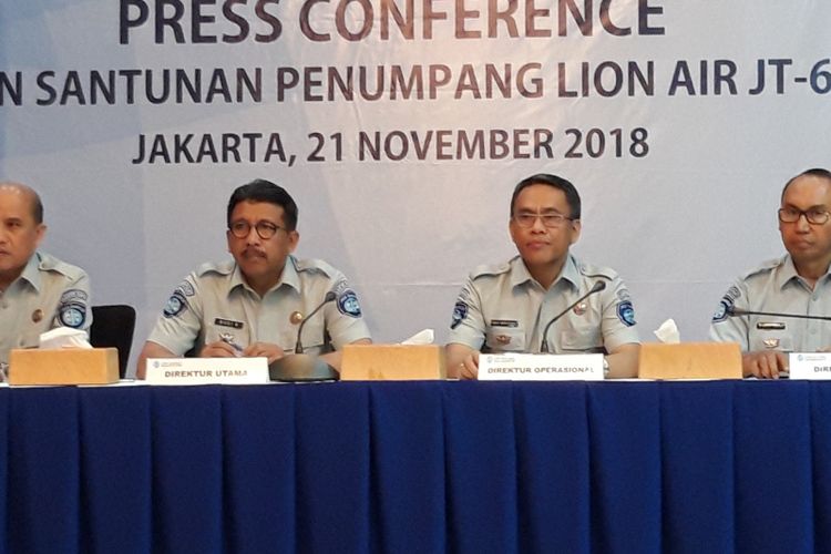 Press conference penyerahan santunan penumpang Lion Air JT 610 registrasi PK LQP di kantor Jasa Raharja, Kuningan, Jakarta Selatan, Rabu (21/11/2018)