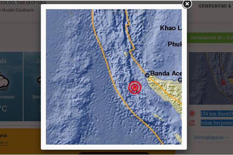 Gempa bumi bermagnitudo 5,1 mengguncang Aceh, Jumat (21/7/2017) sekitar pukul 14.24 WIB.
