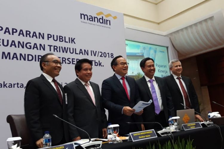 Jajaran Direksi PT Bank Mandiri (Persero) Tbk. ketika memberikan paparan kinerja tahun 2018 di Jakarta, Senin (28/1/2019).