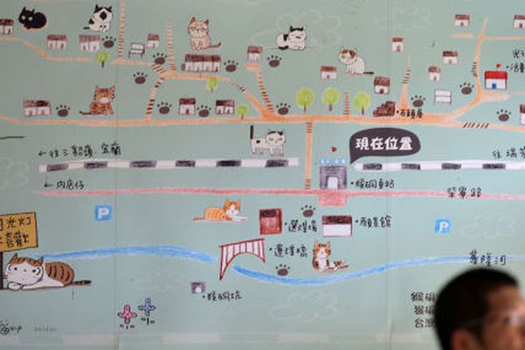 Peta jalan setapak yang dilalui ratusan kucing di Desa Houtong, Taiwan