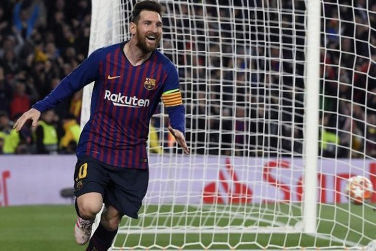 Ekspresi Lionel Messi Setelah mencetak gol ke gawang Liverpool, Kamis (2/5/2019)