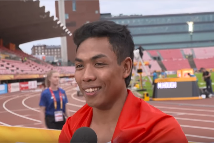 Lalu Muhammad Zohri, saat diwawancara seusai menjuarai Kejuaraan Dunia 100 Meter Atletik di Tampere, Finlandia.